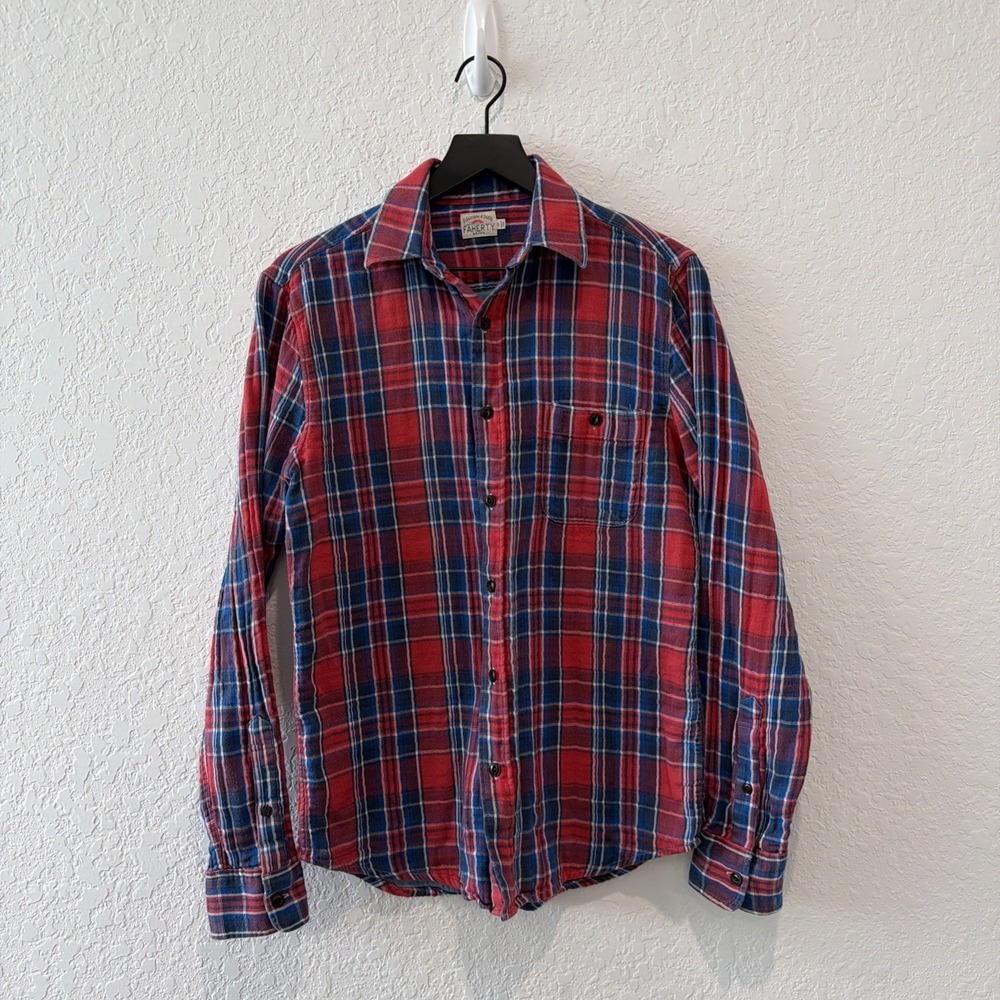 Faherty Doublecloth Shirt Red Farmer Plaid Mens Size Small Longsleeve Button Up
